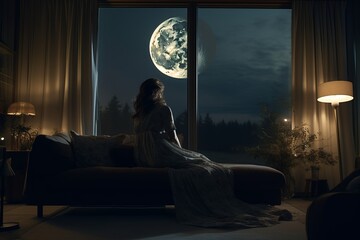 Fototapeta na wymiar Woman gazing at the full moon through a window, a moment of nocturnal contemplation.