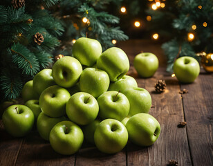 Green apples are lying on the Christmas table.