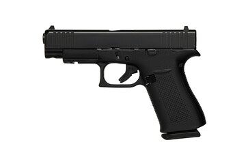 Modern semi-automatic pistol isolate on a white background. Armament for the army and police. Short-barreled weapon - obrazy, fototapety, plakaty
