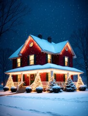 Snowy house with christmas lights 