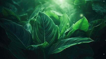 Mystical tropical green leaf background. Enchanting vibes, ethereal light, magical nature wonder