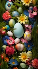 Fototapeta na wymiar Witness the high definition capture of Easter eggs adorned with intricate flowers, artfully placed in the vibrant green grass, forming an enchanting and festive spring composition.