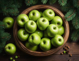Green apples lie in a basket against the backdrop of fir branches.