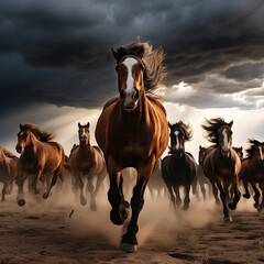 
A herd of wild horses running across a plain, with a stormy sky in the background. The style is action photography. The lighting is dramatic.
