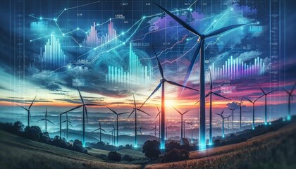 Digital Transformation in Renewable Energy: Wind Turbines Against Data Analytics Background


