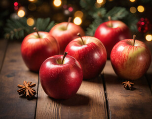 The red apples adorn the Christmas table.