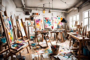 An artistic studio space with easels, colorful palettes, and creative chaos - obrazy, fototapety, plakaty