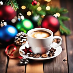 Coffee cup with Christmas ornaments and decoration on table with kitchen blurred background