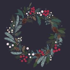 Świąteczny wianek z zielonych gałązek, jemioły, szyszek i jagód. Okrągła ramka do designu na Boże Narodzenie i Nowy Rok. Dekoracyjne świąteczne elementy.