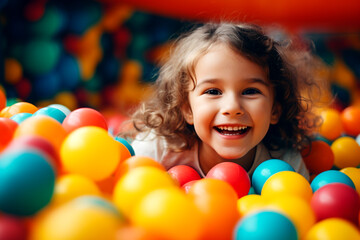 Fototapeta na wymiar Happy little girl having fun in ball pit in kids indoor play center, Child playing with colorful balls in playground ball pool. Children's day concept. Generative AI