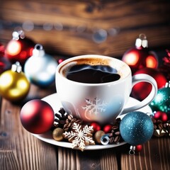 Obraz premium Coffee cup with Christmas ornaments and decoration on table with kitchen blurred background