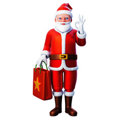 3D character of santa claus holding shopping bag and showing ok hand gesture, Merry Christmas and Happy New Year, 3d illustration and rendering