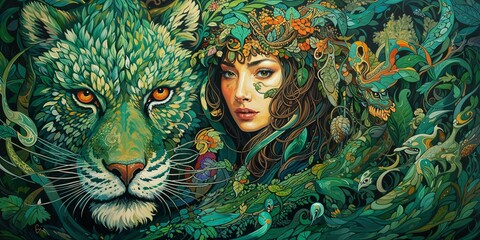 Fantasy Artwork of Woman with Nature-Inspired Elements and Majestic Feline

