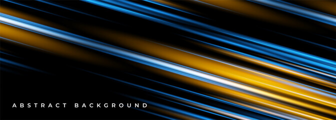 Black abstract background with blue and yellow stripes. Modern dark wide abstract banner design. Vector illustration