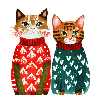 Ugly Christmas Sweater Cats: Adorable Watercolor Illustration
