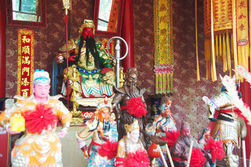 Confucius Shrine in the central hall with Guan Yu ( God of honor ) on the altar at Wat Tha Mai...