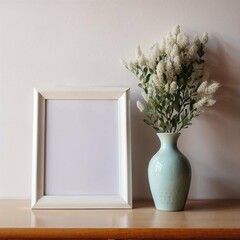 Scandinavian Style Home Decor with White Frame and Vase of White Blossoms

