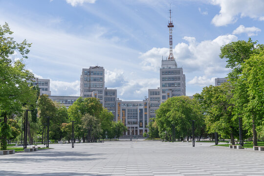 exterior of the tallest skyscraper in the soviet union era "Derzhprom" in kharkiv city