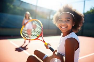 Children friends on tennis court play - obrazy, fototapety, plakaty