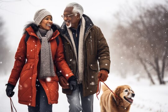African american Senior merried couple in warm winter coats and hats walking a dog on a leash. Cozy winter scene