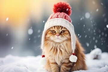 Cute happy cat in winter landscape and christmas time comeliness