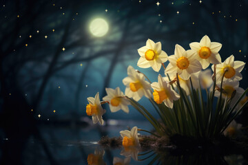 Glowing daffodils and greeting card under soft moonlight, copy space