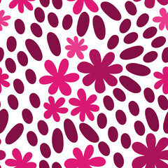 Pink geometrical floral seamless pattern. Repeat flowers and ovals on white background. Hand drawn abstract flowers monochrome allover print