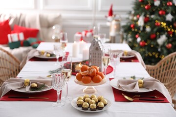 Christmas table setting with tangerines, candies and dishware indoors