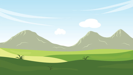 Fototapeta premium landscape cartoon scene with green field and white cloud in summer blue sky background