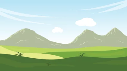  landscape cartoon scene with green field and white cloud in summer blue sky background © piggu