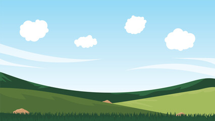 Fototapeta premium landscape cartoon scene with green field and white cloud in summer blue sky background