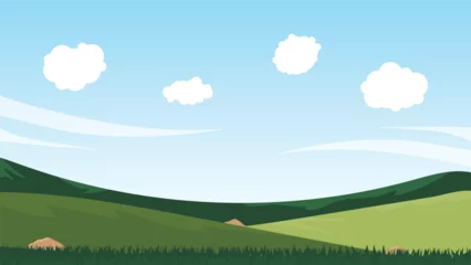 Tuinposter landscape cartoon scene with green field and white cloud in summer blue sky background © piggu