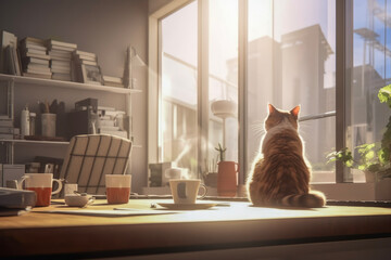 Close up of a cute cat and morning coffee at modern office in the morning sun. The animal concept of break time and rest.