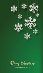 Christmas card vector green flat design template with paper snowflakes	