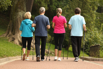 Group of senior people performing Nordic walking outdoors, back view