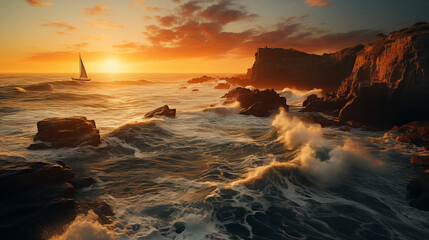 Obraz premium Sailing into the Sunset: Yacht Against Fiery Sky and Wild Waves