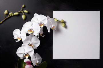 Elegant white orchids and greeting card on black background, copy space