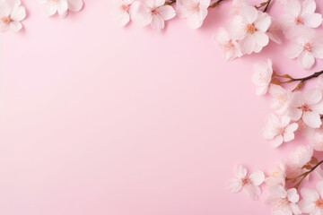 greting card pink cherry blossom border, pink background and text space