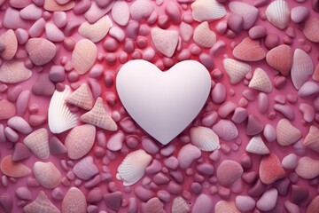 Obraz premium Heart shape composition of seashells on sand, flat lay. Generative AI