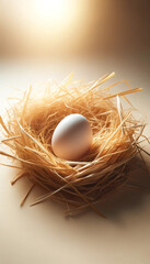 Single Egg in Sunlit Straw Nest with Wheat Ears, Easter concept, serenity - 689430742