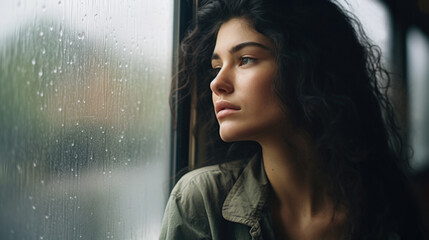 Portrait of an introspective or lonely woman on a train or bus looking out a window on a rainy day.