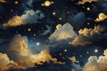 Starry night sky, with clouds and planet. Landscape in fantasy style.