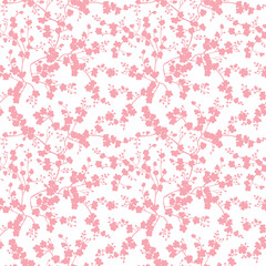 Pink cherry blossoms branches silhouette pattern. Vector seamless pattern design for textile, fashion, paper, packaging and branding. 