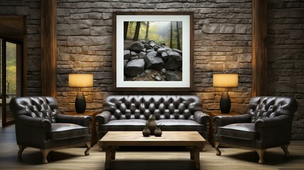 Sofa - living room - rustic log cabin - artwork - stylish - decor snd design - living room  - obrazy, fototapety, plakaty