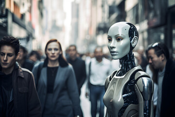 Humanoid robot walking in a crowded city street - obrazy, fototapety, plakaty