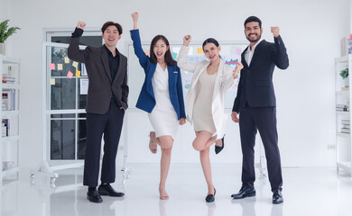 Portrait business team woman pretty girl cute and man handsome smart Asian group standing look successful to plan project with in agreement ready for happiness working online sale inside home office