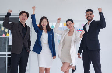 Portrait business team woman pretty girl cute and man handsome smart Asian group standing look successful to plan project with in agreement ready for happiness working online sale inside home office