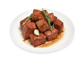 Plate with delicious cooked beef, garlic and rosemary isolated on white. Tasty goulash