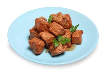 Plate with delicious cooked beef and parsley isolated on white. Tasty goulash