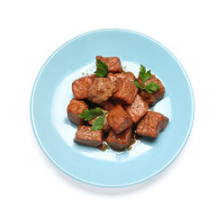 Plate with delicious cooked beef and parsley isolated on white, top view. Tasty goulash